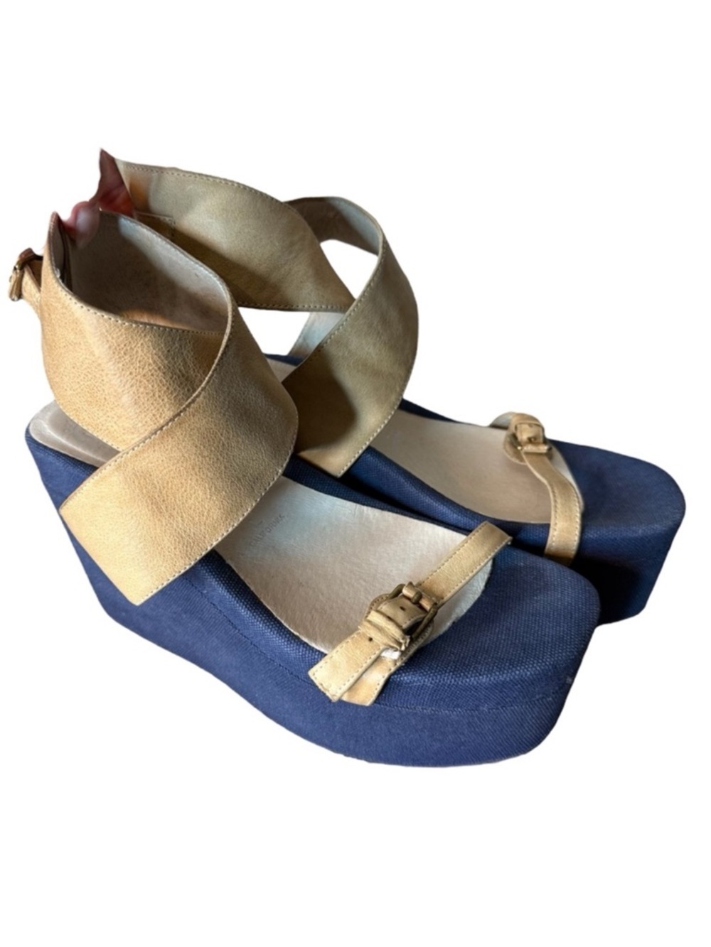 JEFFREY CAMPBELL Ibiza Boomer Blue Canvas Tan Strap Sandals Platform Buckle Sz 8